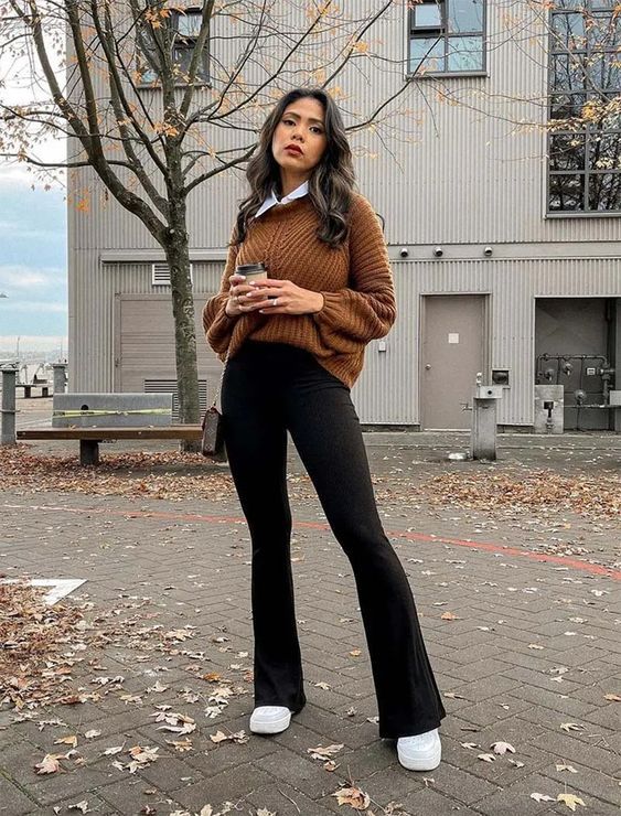 Brown Sweater with Black Flare Leggings 